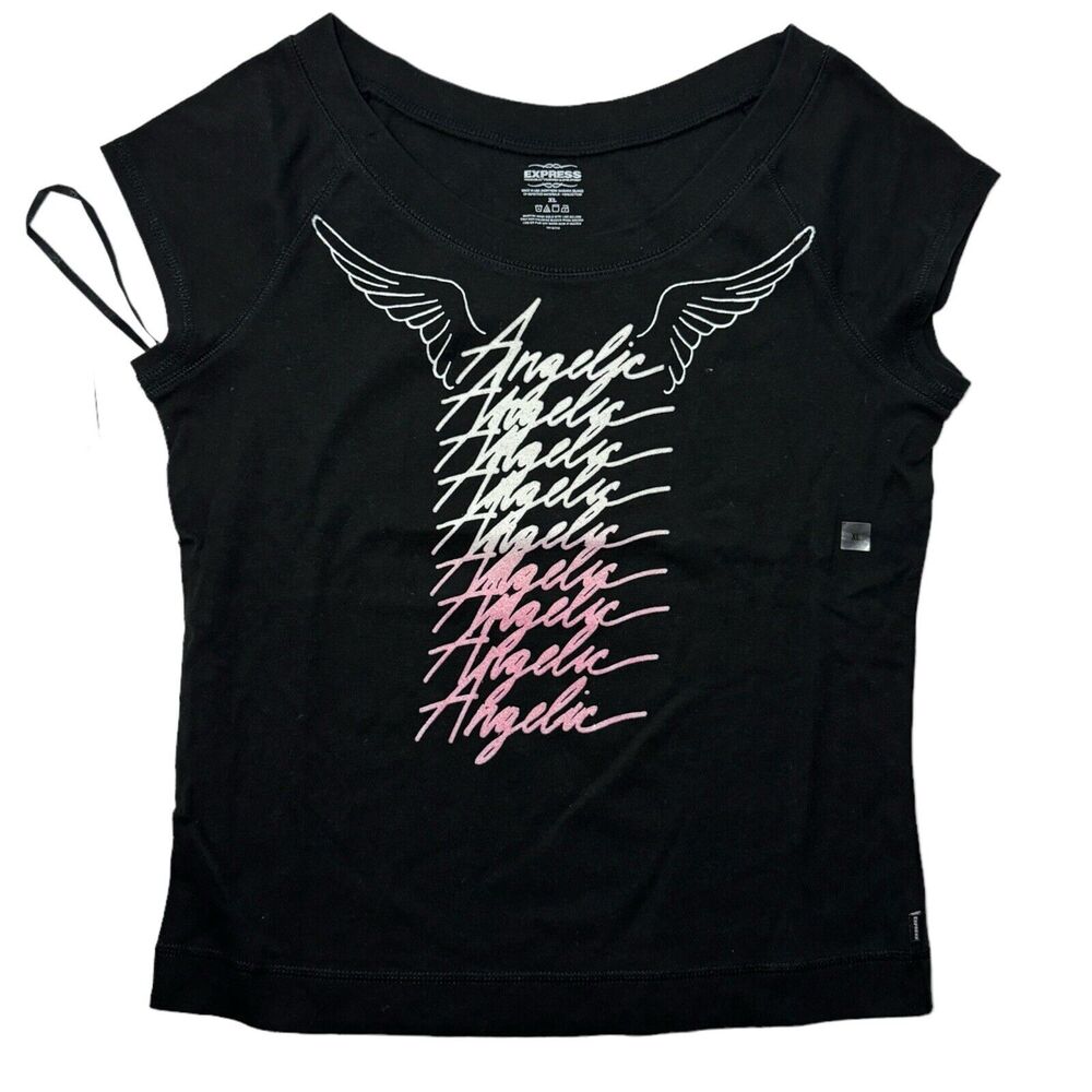 Express Woman's Black T-Shirt Angelic Wings Logo Cursive XL Y2K 100% Cotton NWT